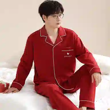 夏芬妍 亲肤舒适爱心贴袋翻领纯棉家居服简约休闲长袖长裤可外穿喜庆本命年睡衣套装 男款 红色