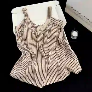 夏芬妍 简约韩式风气质条纹吊带家居服舒适柔软休闲带胸垫三件套可外穿睡衣套装 女款