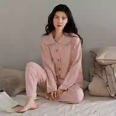 夏芬妍 简约甜美格子满印德绒加厚保暖气质休闲长袖长裤可外穿睡衣套装 女款 粉色