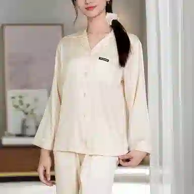 夏芬妍 时尚高级感条纹冰丝翻领家居服简约休闲舒适亲肤宽松长袖长裤可外穿睡衣套装 女款 香槟粉