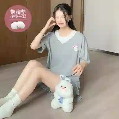 夏芬妍 柔软舒适甜美纯色假两件冰丝螺纹家居服亲肤休闲带胸垫短袖短裤时尚可外穿睡衣套装 女款 灰色