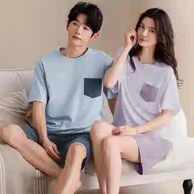 夏芬妍 柔软舒适休闲圆领纯色贴袋纯棉短袖短裤时尚可外穿家居服睡衣套装 男女同款