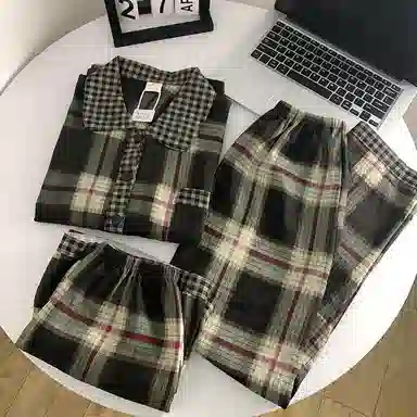 夏芬妍 柔软舒适经典格子云朵棉翻领开衫家居服亲肤休闲短袖三件套时尚可外穿夏季睡衣套装 男女同款