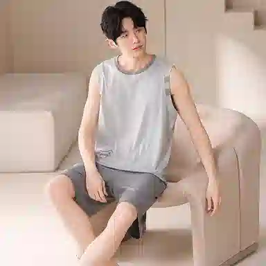 夏芬妍 简约时尚柔软亲肤纯色圆领背心短裤家居服休闲可外穿夏睡衣套装 男款