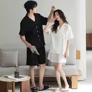夏芬妍 休闲舒适纯色双层纱婴儿棉翻领开衫家居服柔软亲肤时尚可外穿短袖短裤睡衣套装 男女同款