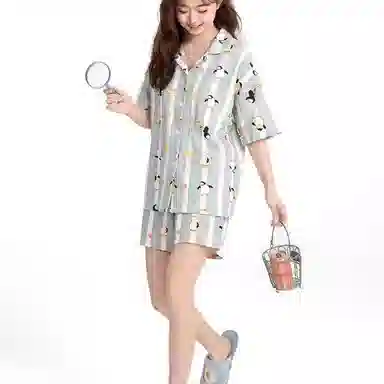 夏芬妍 甜美休闲舒适时尚条纹企鹅纯棉翻领家居服亲肤宽松短袖短裤可外穿睡衣套装 女款 蓝色
