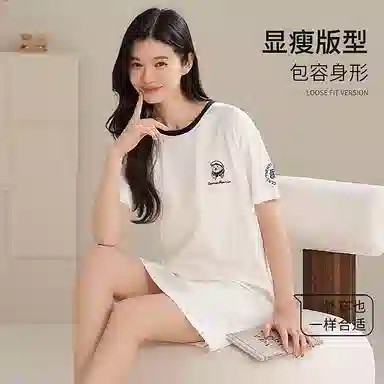 夏芬妍 时尚柔软亲肤海军小熊圆领家居服简约休闲舒适短袖睡衣可外穿睡裙 女款 白色