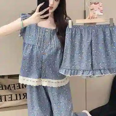 夏芬妍  甜美少女风碎花满印背心家居服舒适柔软休闲带胸垫三件套可外穿睡衣套装 女款