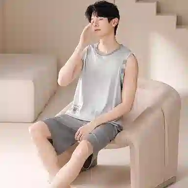 夏芬妍 简约时尚柔软亲肤纯色圆领背心短裤家居服休闲可外穿夏睡衣套装 男款