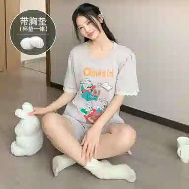 夏芬妍 柔软舒适慵懒风卡通兔子圆领家居服亲肤休闲带胸垫短袖短裤时尚可外穿睡衣套装 女款 灰色