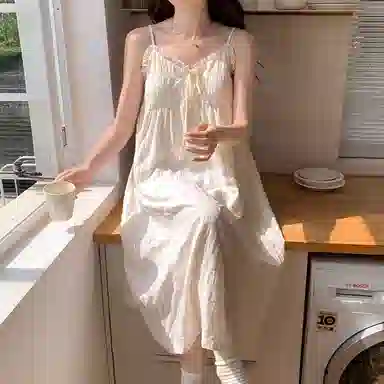 夏芬妍 甜美可爱少女粉蕾丝边蝴蝶结吊带家居服舒适柔软休闲带胸垫可外穿睡裙 女款