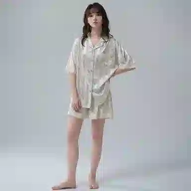 夏芬妍 简约休闲国风条纹竹叶冰丝翻领舒适亲肤宽松凉感短袖短裤时尚可外穿家居服夏季睡衣套装 男女同款