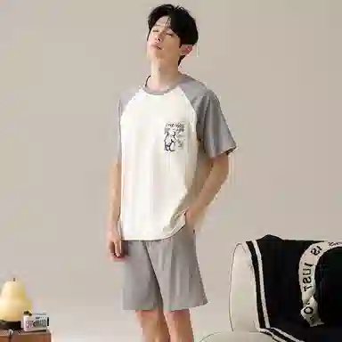 夏芬妍 亲肤舒适小熊贴袋纯棉圆领家居服柔软休闲短袖短裤时尚可外穿睡衣套装 男款 杏色