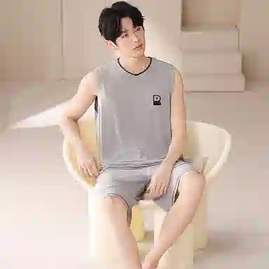 夏芬妍 简约时尚柔软亲肤纯色圆领背心短裤家居服休闲可外穿夏睡衣套装 男款