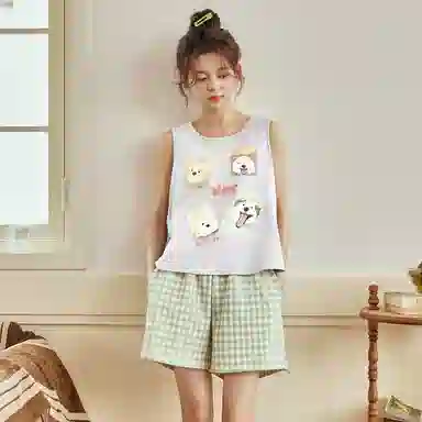 夏芬妍 简约舒适甜美卡通小狗休闲亲肤短袖格子短裤时尚可外穿圆领带胸垫家居服 睡衣套装 女款