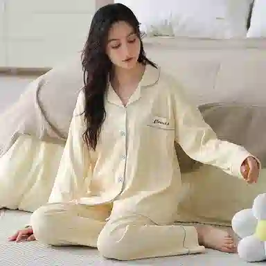 夏芬妍 休闲舒适简约高级感千鸟格满印经典翻领开衫宽松柔软亲肤长袖长裤可外穿睡衣套装 女款 黄色