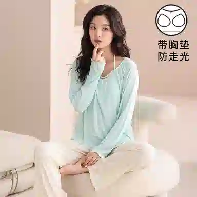 夏芬妍 时尚舒适柔软甜美假两件碎花带胸垫家居服简约休闲亲肤宽松长袖长裤可外穿睡衣套装 女款 绿色