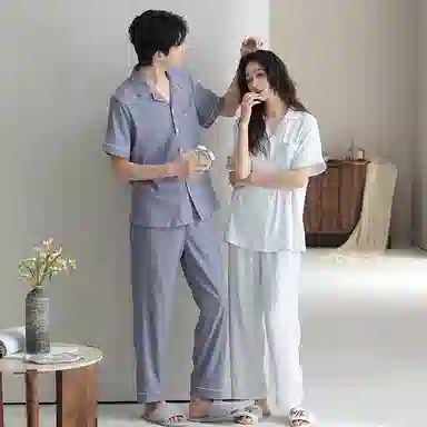 夏芬妍 柔软舒适纯色云朵棉时尚翻领开衫家居服休闲亲肤可外穿短袖长裤睡衣套装 男女同款