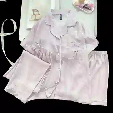 夏芬妍 简约休闲高级感蝴蝶结冰丝翻领带胸垫家居服舒适亲肤宽松短袖三件套可外穿睡衣套装 女款 紫色