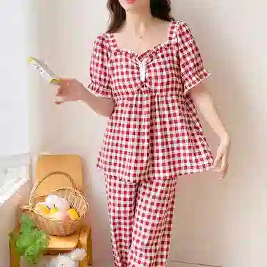夏芬妍 甜美公主风复古格子云朵棉带胸垫短袖长裤家居服可爱舒适休闲可外穿睡衣套装 女款 红色