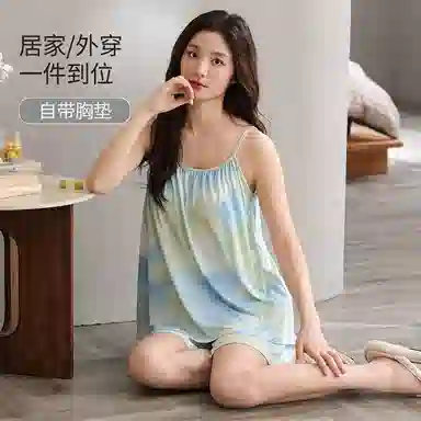 夏芬妍 甜美多巴胺晕染舒适亲肤宽松凉感吊带短裤休闲带胸垫可外穿家居服睡衣套装 女款