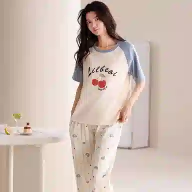 夏芬妍 简约舒适柔软爱心蝴蝶结樱桃纯棉家居服透气亲肤宽松短袖圆领套头三件套可外穿睡衣套装 女款 杏色