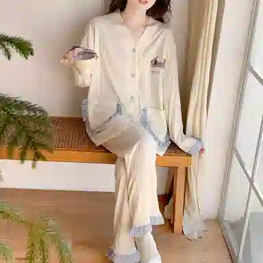 夏芬妍 甜美休闲舒适可爱腊肠狗提花开衫家居服亲肤宽松长袖长裤时尚可外穿睡衣套装 女款 杏色