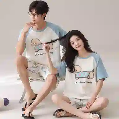 夏芬妍 柔软条纹萌狗翻领家居服休闲舒适短袖短裤时尚可外穿睡衣套装 男女同款