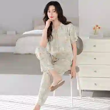 夏芬妍 简约柔软舒适花卉满印翻领短袖上衣家居服亲肤休闲可外穿长裤睡衣套装 女款 灰绿色