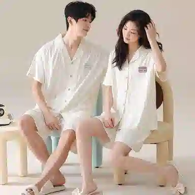 夏芬妍 简约休闲简约条纹云朵棉翻领舒适亲肤宽松短袖短裤时尚可外穿家居服睡衣套装 男女同款 杏色