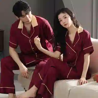夏芬妍 大红喜庆系列  舒适丝滑柔软结婚本命年翻领丝绸冰丝家居服休闲长袖短袖长裤可外穿睡衣套装 男女同款
