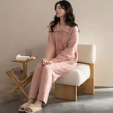 夏芬妍 时尚半边绒家居服开衫保暖蓄温舒适长袖长裤可外穿睡衣套装 女款 粉色