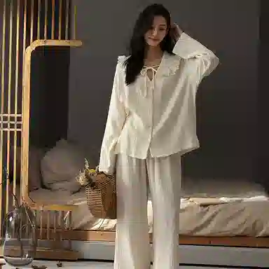 夏芬妍 时尚轻盈舒适柔软甜美公主领婴儿棉双层纱家居服休闲亲肤宽松长袖长裤可外穿睡衣套装 女款 杏色