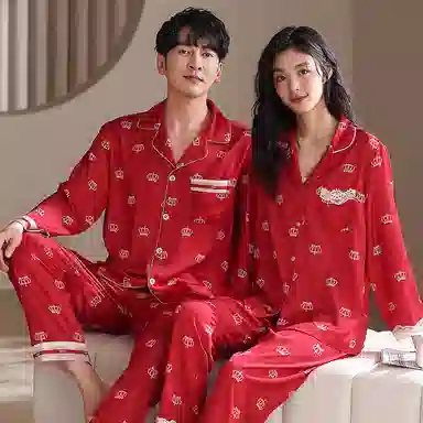 夏芬妍 大红喜庆系列  舒适丝滑柔软结婚本命年皇冠印花翻领丝绸冰丝家居服休闲长袖短袖长裤可外穿睡衣套装 男女同款