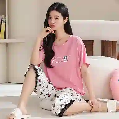 夏芬妍 简约大方柔软蝴蝶结猫咪圆领家居服亲肤休闲舒适短袖七分裤可外穿睡衣套装 女款 粉色