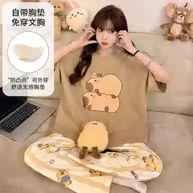 夏芬妍 柔软舒适休闲圆领条纹趴趴狗带胸垫短袖长裤时尚可外穿家居服 睡衣套装 女款 浅棕色