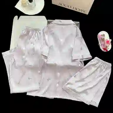 夏芬妍 简约休闲高级感蝴蝶冰丝翻领带胸垫家居服舒适亲肤短袖可外穿睡衣套装 女款 紫色