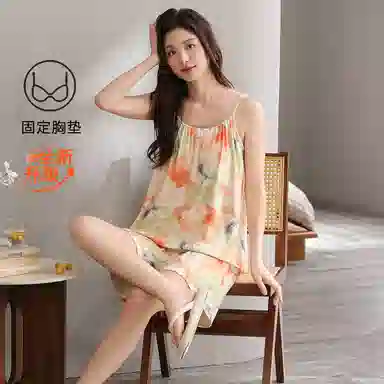 夏芬妍 甜美多巴胺晕染舒适亲肤宽松凉感吊带短裤休闲带胸垫可外穿家居服睡衣套装 女款