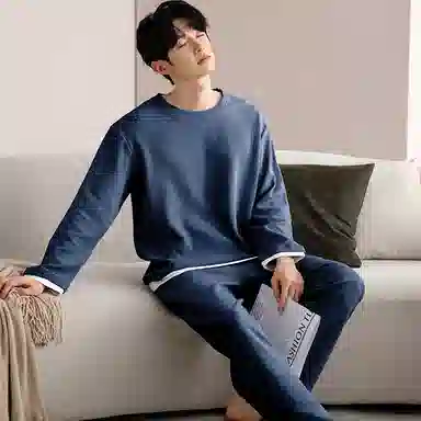 夏芬妍 时尚简约亲肤拼接色纯棉华夫格圆领套头家居服舒适休闲长袖长裤可外穿春秋款睡衣套装 男款 蓝色