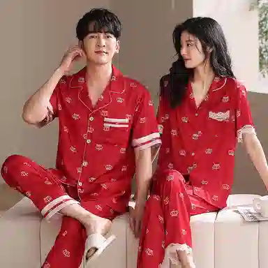 夏芬妍 大红喜庆系列  舒适丝滑柔软结婚本命年皇冠印花翻领丝绸冰丝家居服休闲长袖短袖长裤可外穿睡衣套装 男女同款