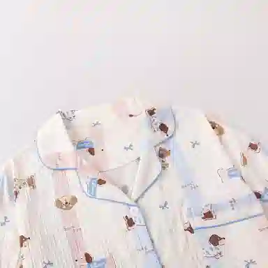 夏芬妍 甜美可爱卡通条纹萌宠翻领云朵棉短袖三件套家居服柔软舒适休闲可外穿睡衣套装 女款