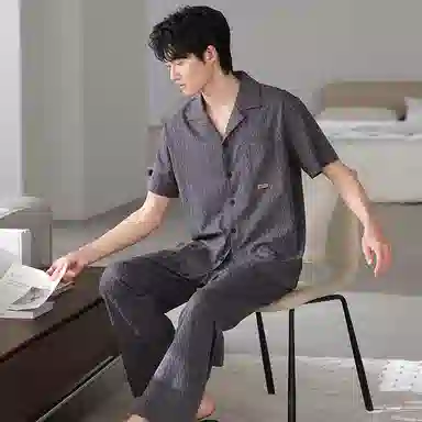 夏芬妍 简约时尚大方柔软舒适规则纹理翻领家居服亲肤休闲短袖长裤可外穿睡衣套装 男款 棕色