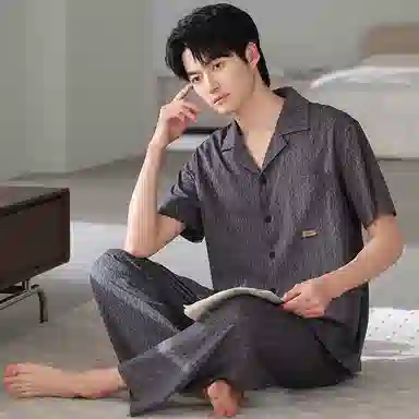 夏芬妍 简约时尚大方柔软舒适规则纹理翻领家居服亲肤休闲短袖长裤可外穿睡衣套装 男款 棕色