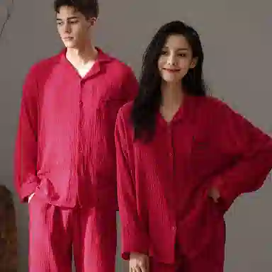 夏芬妍 轻盈舒适柔软大红喜庆纯色婴儿棉双层纱家居服休闲亲肤宽松长袖长裤可外穿睡衣套装 男女同款 红色