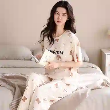 夏芬妍 简约舒适柔软碎花小熊纯棉家居服透气亲肤宽松短袖圆领套头三件套可外穿睡衣套装 女款 杏色