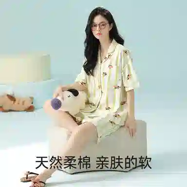 夏芬妍 柔软舒适透气亲肤条纹翻领家居服休闲短袖时尚可外穿睡衣套装 女款 绿色