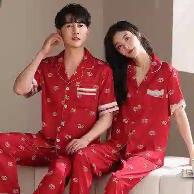 夏芬妍 大红喜庆系列  舒适丝滑柔软结婚本命年皇冠印花翻领丝绸冰丝家居服休闲长袖短袖长裤可外穿睡衣套装 男女同款