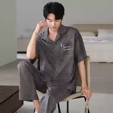 夏芬妍 简约时尚大方柔软舒适不规则纹理翻领家居服亲肤休闲短袖长裤可外穿睡衣套装 男款 灰色