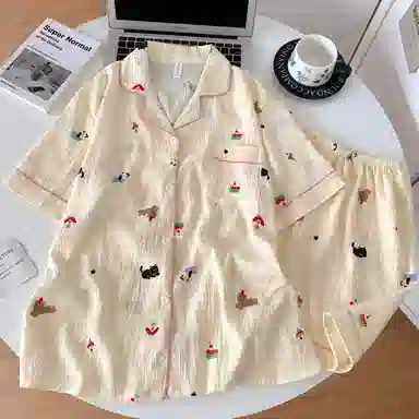 夏芬妍  可爱卡通格子小狗翻领云朵棉短袖短裤家居服柔软舒适休闲可外穿夏季睡衣套装 女款