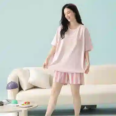 夏芬妍 时尚舒适柔软纯色上衣条纹裤莫代尔棉家居服凉感透气亲肤宽松短袖短裤可外穿睡衣套装 女款 粉色